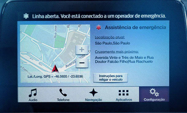 Democratização da Tecnologia Tela do Ford SYNC demonstrando a Assistência de Emergência