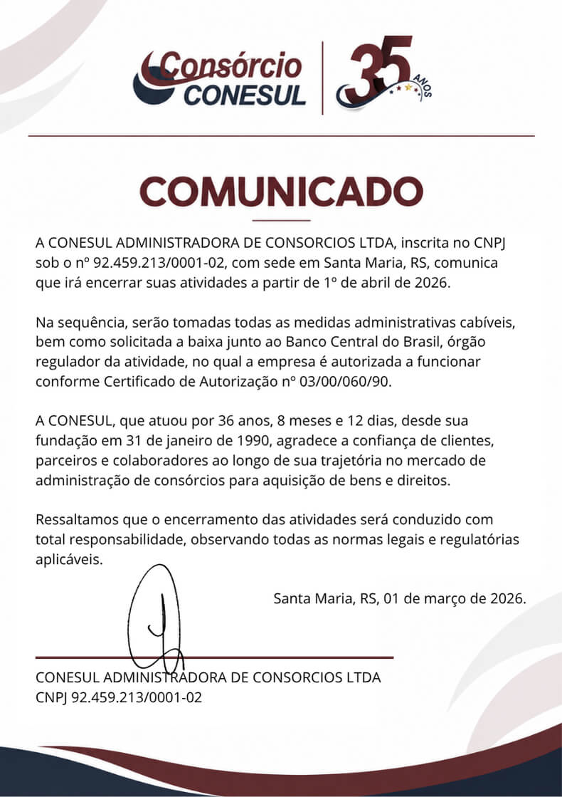 Comunicado Consórcio Superauto Comunicado Consórcio Superauto