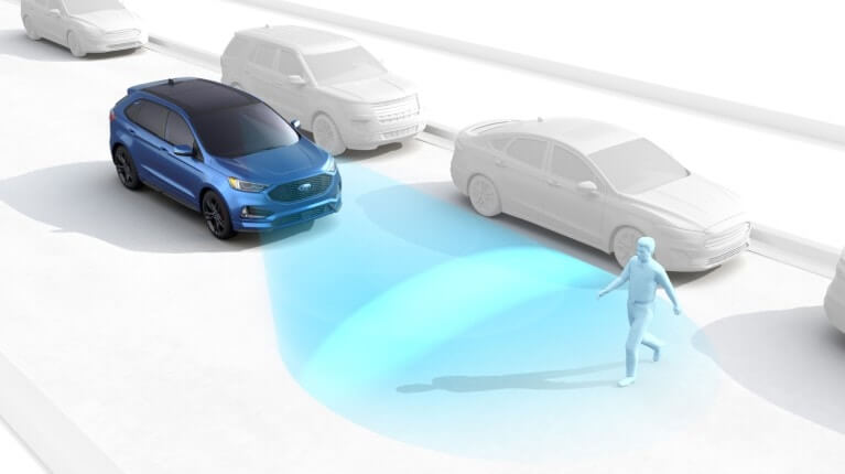 Assistance pré-collision Graphique illustrant la fonction Assistance pré-collision, montrant une voiture bleue détectant un piéton via une caméra